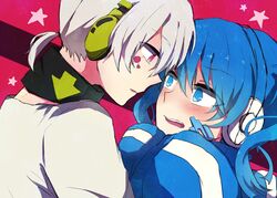  1boy blue_eyes blue_hair blush commentary_request ene_(kagerou_project) female headphones kagerou_project konoha_(kagerou_project) long_hair ringomaru short_ponytail twintails white_hair 