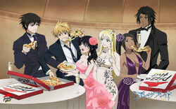  big_breasts black_hair blonde_hair blue_eyes break_blade breasts broken_blade brown_eyes brown_hair dress evening_dress flower food formal formal_dress gown night_dress pizza table wine 