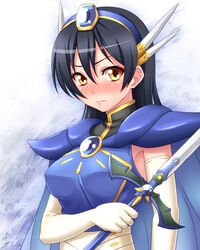  black_hair blue_hairband blush brown_eyes closed_mouth commentary_request cosplay elbow_gloves embarrassed female gloves hairband holding holding_sword holding_weapon long_hair looking_at_viewer love_live! love_live!_school_idol_project magic_knight_rayearth name_connection official_alternate_costume photoshop_(medium) ryuuzaki_umi ryuuzaki_umi_(cosplay) solo sonoda_umi surume_(clavis) sword weapon 