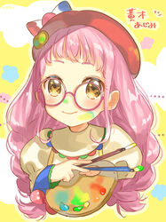  absurdres bad_id bad_pixiv_id blush brown_eyes dirty female glasses hair_ribbon hat highres kiki_ajimi long_hair long_sleeves paintbrush palette_(object) pink_hair pretty_series pripara ribbon round_eyewear smile solo zuho_(vega) 