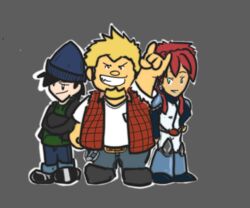  2boys \m/ chibi commentary_request coop_(megas_xlr) female jamie_(megas_xlr) kiva megas_xlr multiple_boys pakodx simple_background 