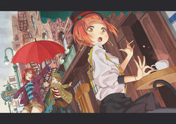  3girls awning black_pantyhose black_skirt brick_wall brown_hair commentary_request cup earrings fire_escape hat hello_hoshi_wo_kazoete hoshizora_rin jacket jewelry koizumi_hanayo lamppost looking_at_viewer love_live! love_live!_school_idol_project multiple_girls nail_polish nishikino_maki open_mouth orange_hair outdoors outstretched_arms pantyhose photoshop_(medium) purple_eyes rain red_hair red_umbrella sawada_wani shirt short_hair shorts skirt striped_clothes striped_shirt suspenders table teacup top_hat umbrella white_shirt window yellow_eyes 