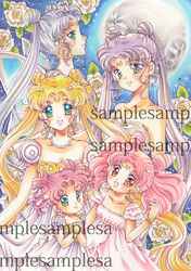  5girls bad_id bad_pixiv_id bishoujo_senshi_sailor_moon bishoujo_senshi_sailor_moon_(first_season) bishoujo_senshi_sailor_moon_stars blonde_hair blush chibi_chibi chibi_usa cone_hair_bun crescent crescent_brooch crescent_facial_mark crown double_bun dress drill_hair dual_persona earrings facial_mark flower full_moon green_eyes hair_bun hair_ornament hairpin heart_crown heart_hair_bun jewelry long_hair moon multiple_girls neo_queen_serenity photoshop_(medium) pink_dress pink_hair princess_serenity queen_serenity red_eyes sample_watermark short_hair shoukichi_usagi silver_hair small_lady_serenity smile strapless strapless_dress tsukino_usagi twin_drills twintails watermark white_crown white_dress 