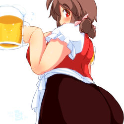  alcohol ass bad_id bad_pixiv_id banned_artist beer breasts brown_eyes brown_hair eno_konoe huge_ass huge_breasts looking_at_viewer looking_back mikomu original red_eyes short_hair simple_background solo sweat white_legwear 