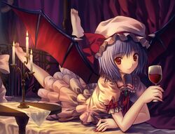  blue_hair devil_wings dress glass hat red_eyes remilia_scarlet ribbon touhou wine wings 