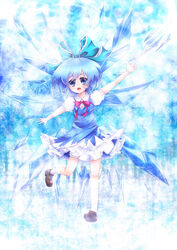  bad_id bad_pixiv_id bloomers blue_bow blue_eyes blue_hair bow brown_footwear cirno dress female highres ice ice_wings neck_ribbon open_mouth outstretched_arms pointing puffy_short_sleeves puffy_sleeves red_ribbon ribbon shoes short_hair short_sleeves socks solo spread_arms standing standing_on_one_leg tomcho touhou underwear white_bloomers white_socks wings 