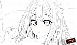  :o bed_sheet blush collarbone commentary_request fate/kaleid_liner_prisma_illya fate_(series) female hair_ornament hairclip hand_up haryuu_(poetto) japanese_clothes kimono long_hair long_sleeves looking_at_viewer miyu_edelfelt nose_blush off_shoulder out-of-frame_censoring parted_lips pillow portrait signature solo watermark wide_sleeves 