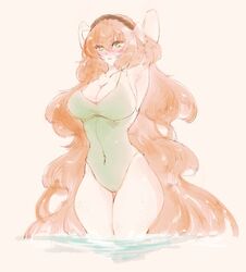  1girls big_breasts blush clothing curvy freckles ginger green_eyes hairband ishmael_(limbus_company) limbus_company long_hair orange_hair project_moon swimsuit thick_thighs very_long_hair 