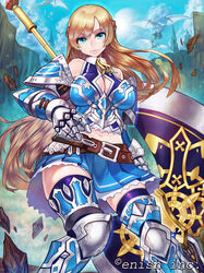  armor axe blonde_hair blue_eyes blue_sky breasts commentary_request day doku-chan_(dokkudokudoku) dragon dragon_tactics female highres holding holding_axe huge_weapon large_breasts long_hair navel official_art photoshop_(medium) sky solo very_long_hair weapon 