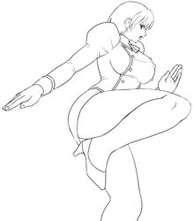  78_(tky8) 90s adjutant_(agent_aika) agent_aika aika_(series) ass bangs breasts cravat delmo female high_heels jacket kick leg_lift monochrome open_mouth panties shoes short_hair skirt solo underwear white_delmo 