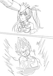  1boy aura big_bang_attack commentary crossover dragon_ball dragon_ball_z english_commentary evil_smile female greyscale highres monochrome neptune_(series) noire_(neptunia) smile super_saiyan twintails vegeta viperxtr 