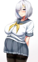  absurdres arms_behind_back blue_eyes blush breasts collarbone commentary_request female grey_hair grey_skirt hair_ornament hair_over_one_eye hairclip hamakaze_(kancolle) highres kantai_collection kusahagane large_breasts looking_at_viewer pantyhose pleated_skirt pregnant sailor_collar school_uniform serafuku short_hair short_sleeves simple_background skirt smile solo standing upper_body white_background 