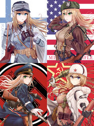  &gt;:( 4girls absurdres american_flag ammunition_pouch ass assault_rifle averting_eyes backpack bad_id bad_pixiv_id bag belt belt_buckle belt_pouch beret binoculars black_gloves black_shirt blonde_hair blue_background blue_eyes blue_jacket blue_skirt bolt_action breasts brown_bag brown_belt brown_jacket brown_shirt brown_sweater buckle buttons canteen character_name clip_(weapon) closed_mouth coat coat_of_arms collar_tabs collared_coat collared_shirt commentary commentary_request cowboy_shot cuff_title cyrillic double-breasted earmuffs explosive f-1_grenade_(soviet) field_cap finland finnish_flag finnish_text flag_background floating_neckwear from_side frown fur-trimmed_coat fur-trimmed_sleeves fur_collar fur_hat fur_trim gas_mask_canister germany girls&#039;_frontline gloves green_bag green_eyes green_headwear green_necktie grenade grenade_pin grey_coat gun gun_sling hair_between_eyes hair_ornament hair_tie hair_undone hammer_and_sickle hand_in_own_hair handgun hat hat_ornament highres holding holding_grenade holding_weapon holster holstered hood hood_down hooded_coat jacket knife lapels load_bearing_equipment long_hair long_sleeves looking_back looking_to_the_side m1911 m1_garand m1_garand_(girls&#039;_frontline) medium_breasts military military_coat military_hat military_jacket military_uniform mosin-nagant mosin-nagant_(girls&#039;_frontline) mosin-nagant_(mod3)_(girls&#039;_frontline) multicolored_background multiple_girls multiple_straps nagant_m1895 necktie notched_lapels open_clothes open_coat over_shoulder pantylines pouch red_background red_necktie red_star reichsadler revolver ribbed_sweater rifle russian_text satchel shirt sidelocks skirt smile soviet star_(symbol) star_hair_ornament stg44 stg44_(girls&#039;_frontline) stick_grenade submachine_gun suomi_(girls&#039;_frontline) suomi_kp/-31 swastika sweater turisasu two-tone_gloves uniform united_states upper_body ushanka v-shaped_eyebrows weapon weapon_over_shoulder white_background white_coat white_gloves white_headwear world_war_ii 