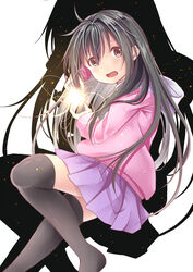  black_hair black_thighhighs blush brown_eyes commentary_request creek_(moon-sky) drop_shadow eyebrows_hidden_by_hair feet_out_of_frame female hair_between_eyes highres hood hood_down hoodie lolicon long_hair no_shoes oerba_yun_fang open_mouth original pink_hoodie pleated_skirt purple_skirt skirt solo thighhighs very_long_hair youjo_(creek_(moon-sky)) 