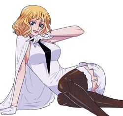  bent_knees blonde_hair blue_eyes capelet dress female gloves laying lipstick makeup midair millorart one_piece ringlets short_dress short_hair sitting sitting_in_midair solo stussy_(one_piece) thighhighs white_dress white_gloves 