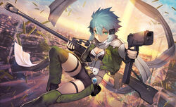  action aiming alternate_weapon anti-materiel_rifle aqua_eyes aqua_hair asymmetrical_dual_wielding belt black_shorts blue_hair bolt_action breasts chaps city cityscape cleavage close-up commentary_request dual_wielding extended_magazine female firing glock gloves green_chaps groin gun gun_sling hair_between_eyes hair_ornament hairclip handgun highleg highleg_leotard highres holding holding_gun holding_weapon jacket jumping leotard looking_at_viewer md5_mismatch medium_breasts multiple_weapons nakamura_eight outdoors outstretched_arm parted_lips pgm_hecate_ii photoshop_(medium) resolution_mismatch rifle scarf scenery serious shell_casing short_hair short_shorts shorts sidelocks sinon slit_pupils sniper_rifle solo source_smaller sunset sword_art_online thigh_strap weapon white_leotard white_scarf 