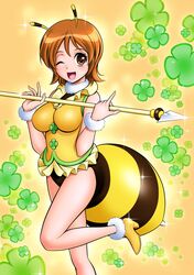  antennae bee_costume blush breasts brown_eyes brown_hair choker clover clover_(plant) costume female female four-leaf_clover happinesscharge_precure! lance large_breasts looking_at_viewer mattsua medium_hair one_eye_closed oomori_yuuko open_mouth polearm precure smile solo sparkle striped vest weapon wink wristband yellow_clothes 