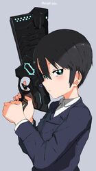  androgynous black_hair blue_jacket collared_shirt commentary crossover dominator_(gun) expressionless female from_side green_eyes grey_background gun hair_between_eyes highres holding holding_gun holding_weapon jacket kino_(kino_no_tabi) kino_no_tabi light_blush long_sleeves looking_at_viewer looking_to_the_side parted_lips psycho-pass reverse_trap shirt short_hair simple_background solo tomboy trigger_discipline turbo_engine_(rakugaki_tabo) twitter_username upper_body weapon white_shirt 