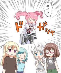  &gt;_&lt; 5girls aqua_hair bang_dream! black_shirt blonde_hair blue_eyes blue_shirt blush bow braid brown_hair cinder_block clenched_hands commentary dougi emphasis_lines empty_eyes glasses gloves green_pants grey_shirt hairbow half_updo hands_up hikawa_hina karate karate_gi kurokawa_makoto long_hair long_sleeves maeshima_ami maruyama_aya multiple_girls o_o pants pastel_palettes_(bang_dream!) pink_hair print_shirt punching purple_eyes red-framed_eyewear red_bow semi-rimless_eyewear shirasagi_chisato shirt short_hair side_braids sidelocks single_glove skull_print smile striped_clothes striped_shirt t-shirt translated twin_braids twintails under-rim_eyewear v-shaped_eyebrows voice_actor_connection wakamiya_eve white_background white_hair yamato_maya |_| 