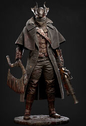  1boy 3d absurdres andres_zambrano antique_firearm axe belt black_gloves black_pants blood blood_on_weapon bloodborne blunderbuss boots cobblestone commentary dual_wielding gloves grey_background grey_eyes gun helmet highres holding holding_axe holding_gun holding_weapon hunter_(bloodborne) looking_at_viewer male_focus pants pocket_watch saw saw_cleaver standing watch weapon 