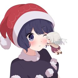  2girls 3; =_= bad_id bad_pixiv_id black_dress blue_eyes blue_hair blush braid breasts brown_footwear brown_jacket chibi commentary doremy_sweet dress floating french_braid grey_hair hat highres jacket kishin_sagume kissing kissing_cheek long_sleeves medium_breasts multiple_girls nightcap one_eye_closed pom_pom_(clothes) profile purple_dress red_headwear shoes short_hair short_sleeves simple_background single_wing touhou upper_body white_background white_wings wings yukome yuri 