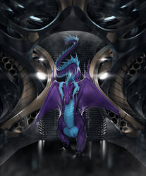  2019 blue_eyes digital_media_(artwork) dracarna dragon european_mythology feral hi_res horn membrane_(anatomy) membranous_wings mythological_creature mythological_scalie mythology purple_body rakisha scalie solo spines standing tail technology western_dragon wings 