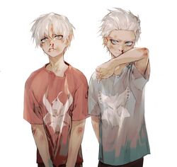  2boys arm_behind_back bad_id bad_twitter_id blood blue_eyes blue_shirt bruise bruise_on_face bruised_eye closed_mouth commentary_request dante_(devil_may_cry) devil_may_cry_(series) devil_may_cry_5 frown haban_(haban35) hair_slicked_back highres injury korean_commentary lolicon male_focus multiple_boys nosebleed red_shirt scratches shirt simple_background spoilers standing vergil_(devil_may_cry) white_background white_hair wiping wiping_face 