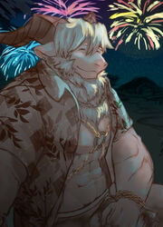  abs anthro azazel_(tas) biceps blonde_hair bovid caprine chains clothed clothing curtis_wuedti detailed_background fireworks goat hair hi_res horn lifewonders male mammal muscular muscular_anthro muscular_male open_clothing open_shirt open_topwear pecs shirt smile solo tokyo_afterschool_summoners topwear 