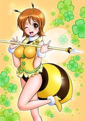  antennae bee_costume blush breasts brown_eyes brown_hair choker clover clover_(plant) costume female female four-leaf_clover happinesscharge_precure! insect_wings lance large_breasts looking_at_viewer mattsua medium_hair one_eye_closed oomori_yuuko open_mouth polearm precure smile solo sparkle striped vest weapon wings wink wristband yellow_clothes 