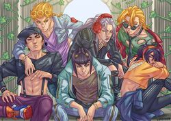  6+boys abs absurdres black_hair black_jacket black_necktie black_pants blonde_hair bob_cut bracelet brown_hair bruno_bucciarati casual commentary_request crop_top earrings gamusaur giorno_giovanna green_eyes grey_eyes grey_hair grey_jacket guido_mista gun_print hairband hand_on_own_hip hat headphones highres jacket jewelry jojo_no_kimyou_na_bouken leone_abbacchio long_hair long_sleeves looking_at_viewer male_focus midriff multiple_boys narancia_ghirga navel necklace necktie orange_hairband outdoors pannacotta_fugo pants purple_eyes purple_shirt red_jacket shirt shoes sitting sneakers suspenders twitter_username vento_aureo zipper 