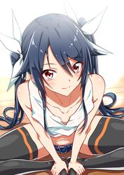  bare_arms bare_shoulders black_hair black_thighhighs blue_shorts butterfly_sitting closed_mouth collarbone commentary_request denim denim_shorts female flat_chest from_above hair_between_eyes hair_ribbon highres holding_own_foot long_hair looking_at_viewer navel on_floor ore_twintail_ni_narimasu red_eyes ribbon shorts sidelocks sitting smile solo swept_bangs tank_top thighhighs tsube_aika twintails very_long_hair white_ribbon white_tank_top wooden_floor yuto_(dialique) 