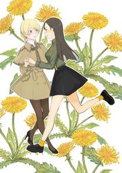  2girls absurdres banira_(oocooocooocoo) black_footwear black_hair black_pantyhose blonde_hair blue_eyes braid brown_capelet brown_coat capelet casual closed_eyes closed_mouth coat collared_shirt commentary dandelion darjeeling_(girls_und_panzer) eyelashes flower girls_und_panzer green_shirt high_heels highres holding leg_up long_hair looking_at_another miniskirt multiple_girls nishi_kinuyo open_mouth orange_legwear pantyhose shirt short_hair skirt smile standing standing_on_one_leg suspenders tied_hair trench_coat walking 