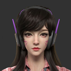  3d brown_hair collared_shirt commentary_request cruiser_d.va d.va_(overwatch) euginnx eyelashes facial_mark female grey_background headphones highres lips long_hair looking_at_viewer md5_mismatch nose overwatch overwatch_1 photoshop_(medium) plaid plaid_shirt portrait realistic shirt simple_background solo whisker_markings 