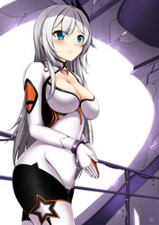  ahoge battlesuit blue_eyes blush bodysuit breasts cecilia_schariac chains cleavage cleavage_cutout clothing_cutout commentary cosplay cuffs day english_commentary female grey_hair hair_between_eyes hair_ornament hairband highres honkai_(series) honkai_impact_3rd interior kiana_kaslana kiana_kaslana_(white_comet) kiana_kaslana_(white_comet)_(cosplay) long_hair medium_breasts own_hands_together shackles sheita sidelocks solo very_long_hair 