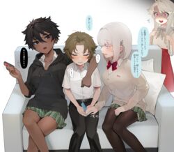  1boy 3girls absurdres age_difference arm_around_shoulder bad_id bad_pixiv_id black_eyes black_hair black_nails black_pants black_pantyhose blush bow bowtie brown_hair closed_eyes collared_shirt dark-skinned_female dark_skin dress_shirt flying_sweatdrops green_skirt herme_(ohisashiburi) highres hood hoodie joy-con long_hair long_sleeves micchan_(ohisashiburi) multiple_girls nacchan_(ohisashiburi) nail_polish ohisashiburi open_mouth original pants pantyhose parted_lips pillow pleated_skirt red_eyes red_skirt shirt short_hair short_sleeves sitting skirt teeth tomboy translation_request white_hair white_shirt 