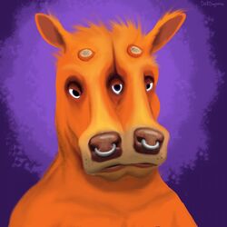  1:1 3_eyes anthro bovid bovine bust_portrait cattle delldogzone fused_eyes hi_res hunter_(delldogzone) male mammal multi_eye multi_face multi_mouth multi_nose multi_snout piercing portrait solo what what_has_science_done where_is_your_god_now why 