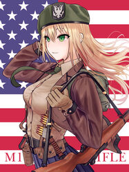  american_flag bad_id bad_pixiv_id blonde_hair blue_skirt button_gap canteen character_name clip_(weapon) cowboy_shot en_bloc_clip female flag_background from_side girls&#039;_frontline gloves green_eyes green_neckwear gun hair_between_eyes hand_in_own_hair handgun highres knife long_hair m1911 m1_garand m1_garand_(girls&#039;_frontline) over_shoulder rifle skirt smile solo turisasu united_states weapon weapon_over_shoulder 