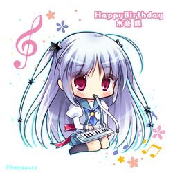  ahoge beamed_eighth_notes black_socks blue_sailor_collar blue_skirt blush bow character_name chibi commentary_request eighth_note female grey_hair hair_between_eyes hair_ornament happy_birthday instrument juliet_sleeves keyboard_(instrument) kneehighs long_hair long_sleeves looking_at_viewer lump_of_sugar melodica mizune_gin mouth_hold musical_note no_shoes pleated_skirt prism_rhythm puffy_sleeves red_bow red_eyes ryuuka_sane sailor_collar school_uniform serafuku shirt sidelocks sitting skirt socks solo star_(symbol) star_hair_ornament treble_clef twitter_username two_side_up very_long_hair wariza white_background white_shirt 