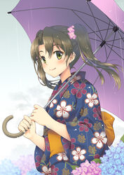  alternate_costume blue_flower blue_kimono commentary_request female floral_print flower green_eyes grey_hair hair_flower hair_ornament hair_ribbon highres holding holding_umbrella hydrangea japanese_clothes kantai_collection kimono long_hair minakami_nagara obi photoshop_(medium) purple_flower rain ribbon sash smile solo twintails umbrella upper_body white_ribbon zuikaku_(kancolle) 