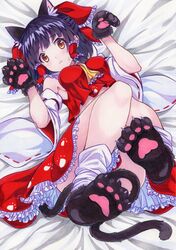  animal_ear_fluff animal_ears animal_hands ascot bare_shoulders bed_sheet black_gloves black_hair blush bow breasts brown_eyes cat_ears cat_tail commentary_request crop_top detached_sleeves female frilled_ascot frills full_body fur-trimmed_gloves fur_trim gloves hair_tubes hairbow hakurei_reimu hands_up highres kemonomimi_mode kittona knees_up long_sleeves looking_at_viewer lying medium_breasts miniskirt on_back paw_gloves paw_pose paw_print paw_shoes petticoat red_bow red_skirt revision ribbon-trimmed_sleeves ribbon_trim shoes short_hair sidelocks skirt skirt_set socks solo sweat tail touhou traditional_media white_socks wide_sleeves wily_beast_and_weakest_creature yellow_ascot 