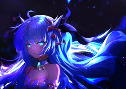  ahoge blue_eyes blue_hair breasts choker commentary_request dragon_girl dragon_horns dress expressionless female floating_hair glowing highres horns king&#039;s_raid lilia_(king&#039;s_raid) long_hair looking_at_viewer photoshop_(medium) pointy_ears roon_(ddeer2010) sidelocks small_breasts solo very_long_hair 