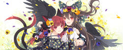  2girls :d adapted_costume ahoge animal_ears bare_shoulders black_choker black_dress black_hair black_ribbon black_wings blue_flower bow braid cat_ears cat_tail choker clothing_cutout dress earrings feathered_wings floral_background floral_print flower flower_earrings flower_wreath from_behind green_bow hair_between_eyes hair_flower hair_ornament hair_ribbon hairbow half_updo head_wreath highres holding_hands interlocked_fingers jewelry kaenbyou_rin long_hair long_sleeves looking_at_viewer looking_back multicolored_nails multiple_girls multiple_tails nail_art nail_polish nekomata off-shoulder_dress off_shoulder oncidium open_mouth orange_flower orchid pansy petals pointy_ears print_bow print_dress puffy_short_sleeves puffy_sleeves purple_flower purple_pansy red_eyes red_hair red_nails reiuji_utsuho ribbon shirt short_sleeves shoulder_cutout sidelocks smile tail touhou toutenkou twin_braids twintails two_tails upper_body very_long_hair white_background white_shirt wings yellow_flower yellow_pansy 