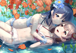  2girls :d akagi_kurage bare_arms bare_shoulders bikini blue_bikini blue_eyes blue_flower blue_hair breasts brown_hair cleavage closed_mouth collarbone commentary_request dark_blue_hair day eye_contact flower flower_on_liquid frilled_bikini frills hair_flower hair_ornament highres holding_hands interlocked_fingers light_particles light_rays long_hair looking_at_another lying medium_breasts multiple_girls navel on_back open_mouth orange_flower original outdoors partially_submerged petals petals_on_liquid pink_bikini pink_flower red_eyes smile sparkle stomach sunbeam sunlight swimsuit trumpet_creeper water yuri 