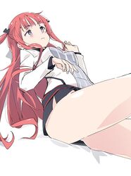  arca_(summon_night) black_bow bow bright_pupils closed_mouth commentary_request female hairbow ixy long_hair long_sleeves looking_up miniskirt purple_eyes red_hair simple_background sitting skirt solo summon_night summon_night_5 thighs white_background white_pupils 