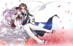  1boy absurdres bad_id bad_pixiv_id bare_shoulders blue_eyes bow bowtie breasts bride brooch brown_hair carrying chains commentary_request copyright_name couple dress dress_flower elbow_gloves eye_contact female floating_hair flower formal frills garter_straps gem gloves gold_trim groom hair_between_eyes hair_flower hair_ornament hair_ribbon highres jacket jane_(king&#039;s_raid) jewelry jukebox_(hsy7582) king&#039;s_raid long_hair looking_at_another medium_breasts open_mouth pants parted_lips petals photoshop_(medium) pink_footwear princess_carry purple_hair red_eyes red_flower red_rose ribbon rose shoes sleeveless sleeveless_dress sparkle spider_lily straight theo_(king&#039;s_raid) thighhighs tuxedo wedding_dress white_background white_dress white_gloves white_jacket white_pants white_thighhighs 