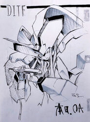  amemiya_akira antennae broad_shoulders closed_eyes closed_mouth commentary_request darling_in_the_franxx female greyscale hair_straightener horns humanoid_robot long_hair mecha monochrome official_art robot shoulder_pads sidelocks single_horn solo strelizia traditional_media 