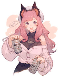  animal_ears animare asahi_breweries bangs bare_shoulders bat_ears beer_can black_footwear blunt_bangs blush breasts buttons can cardigan commentary_request eyebrows_visible_through_hair fangs female hat heart highres holding holding_can jewelry junwool large_breasts long_hair long_sleeves looking_at_viewer nail_polish necklace off-shoulder_sweater off_shoulder open_cardigan open_clothes open_mouth pink_hair purple_eyes ribbon-trimmed_sleeves ribbon_trim sidelocks simple_background sitting smile solo sweater umori_hinako upper_body virtual_youtuber white_background white_cardigan white_headwear wide_sleeves 