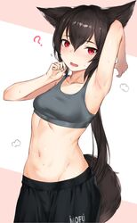  ? animal_ears arm_up armpits bad_id bad_twitter_id black_hair black_pants blush breasts female flying_sweatdrops grey_sports_bra groin hair_between_eyes highres long_hair looking_at_viewer mathew_(srmmk_mce) medium_breasts midriff mole mole_under_eye navel oerba_yun_fang open_mouth original pants presenting_armpit red_eyes simple_background solo sports_bra sportswear sweat tail very_long_hair 