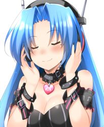  5pb_(neptunia) bare_shoulders blue_hair blush breasts cleavage closed_eyes commentary_request detached_collar doria_(p_f_dolia) dress facing_viewer female headphones listening_to_music long_hair medium_breasts mole mole_under_eye neptune_(series) simple_background smile solo striped_clothes striped_dress upper_body vertical-striped_clothes vertical-striped_dress white_background 