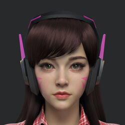  3d brown_hair collared_shirt commentary_request cruiser_d.va d.va_(overwatch) euginnx eyelashes facial_mark female grey_background headphones highres lips long_hair looking_at_viewer md5_mismatch nose overwatch overwatch_1 photoshop_(medium) plaid plaid_shirt portrait realistic shirt simple_background solo whisker_markings 